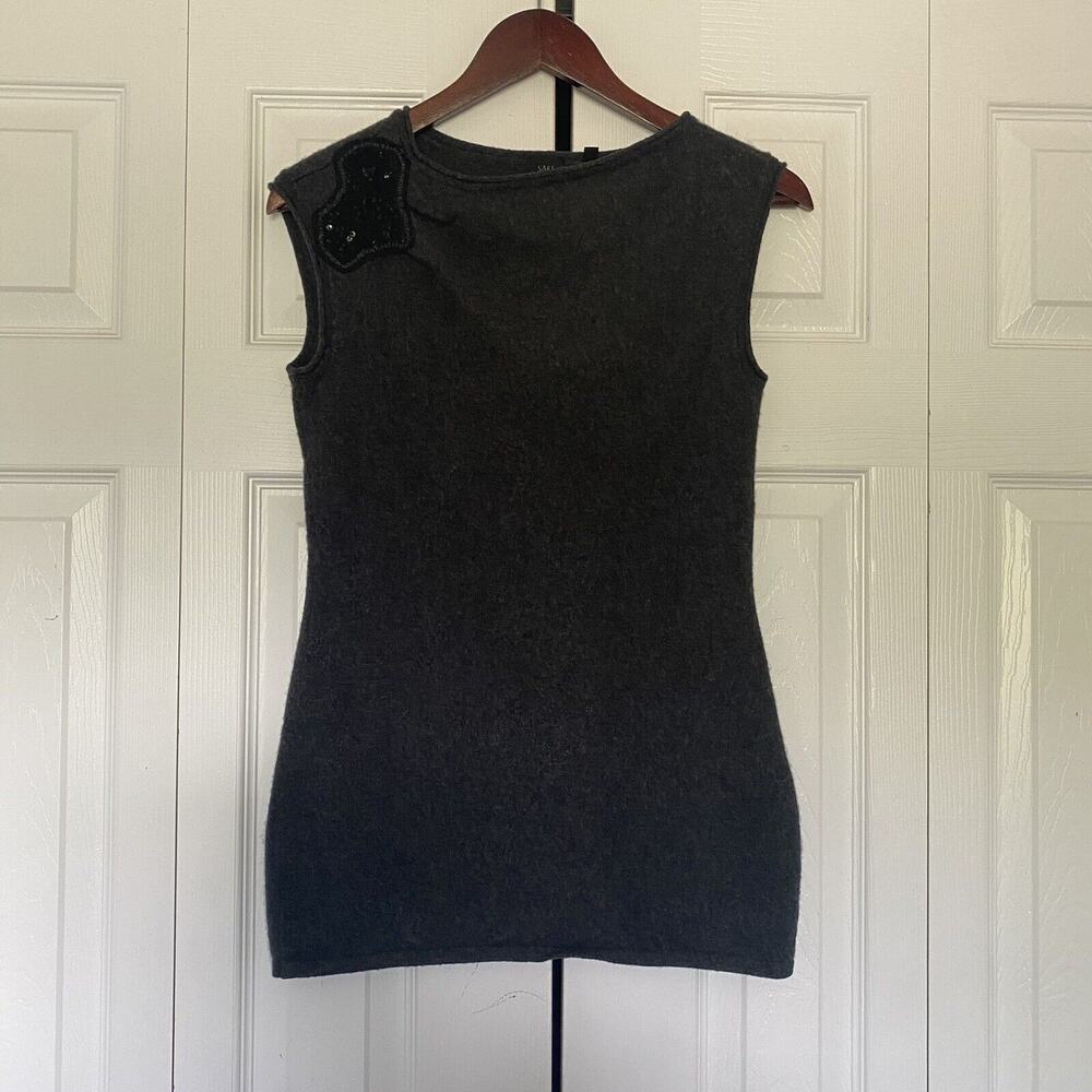 Saks Fifth Avenue Dark Grey Sleeveless Cashmere Sweater w/Beaded Shoulder Accent
